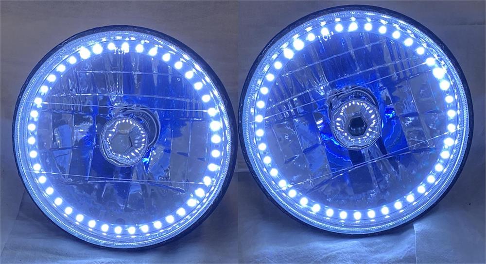 Headlights 7" Round White Diamond Single Color White Halo Headlights with Blue Halogen Bulbs