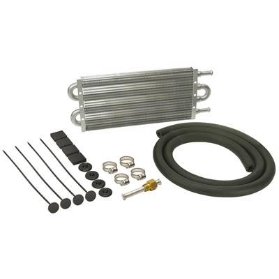 Transmission Cooler, Dyno-Cool, Tube and Fin, 4 Rows, Aluminum, 11/32 in. Hose Barb, Rubber Hose, Clamps, Kit