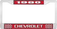 1980 CHEVROLET RED  AND CHROME LICENSE PLATE FRAME  WITH WHITE LETTERING
