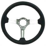 S6 Style Padded Leather Steering Wheel	 14" Diameter	 6-Bolt	 Brushed Aluminum Center Spokes	 Black Leather Grip