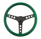 Steering Wheel, Metal Flake, 3-spoke, Green Vinyl, Black Powdercoated Steel Spokes, 15 in. Dia., 3-Bolt, Each